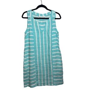 Sigrid Olsen Women Turquoise White Stripe Linen V Neck Sleeveless Dress Size S